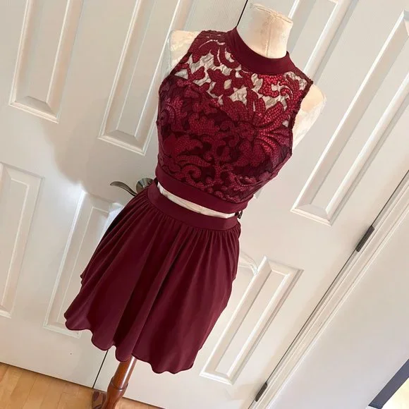 fitted lace wedding dress Red Two Piece Satin Homecoming Dress with Beading, Cute Red Short Prom –  cherishgirls